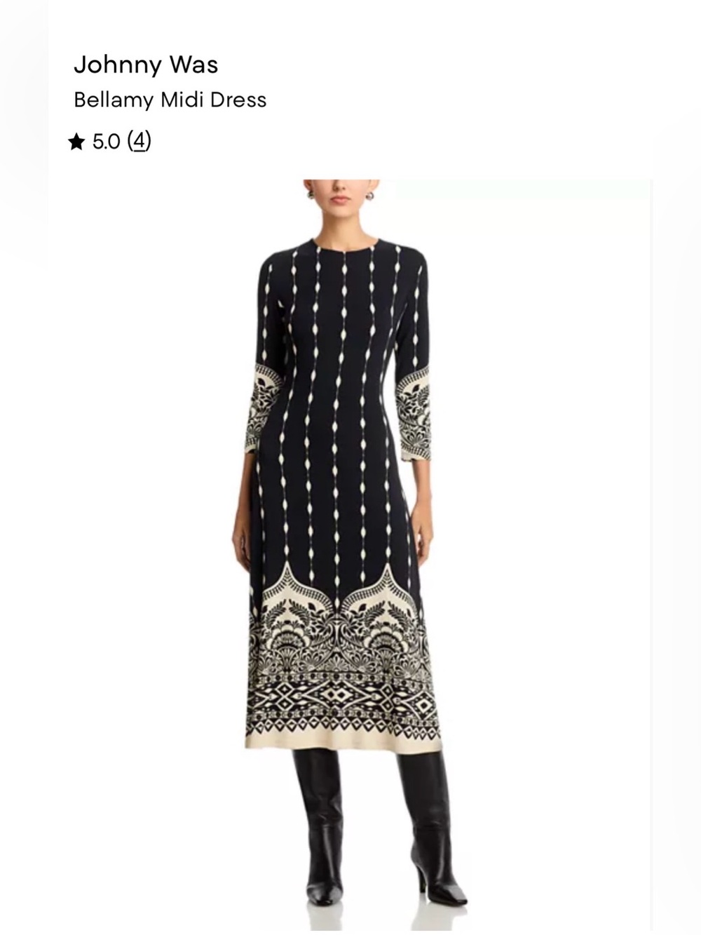 Johnny Was Bellamy Midi Dress in Black and Cream Scroll